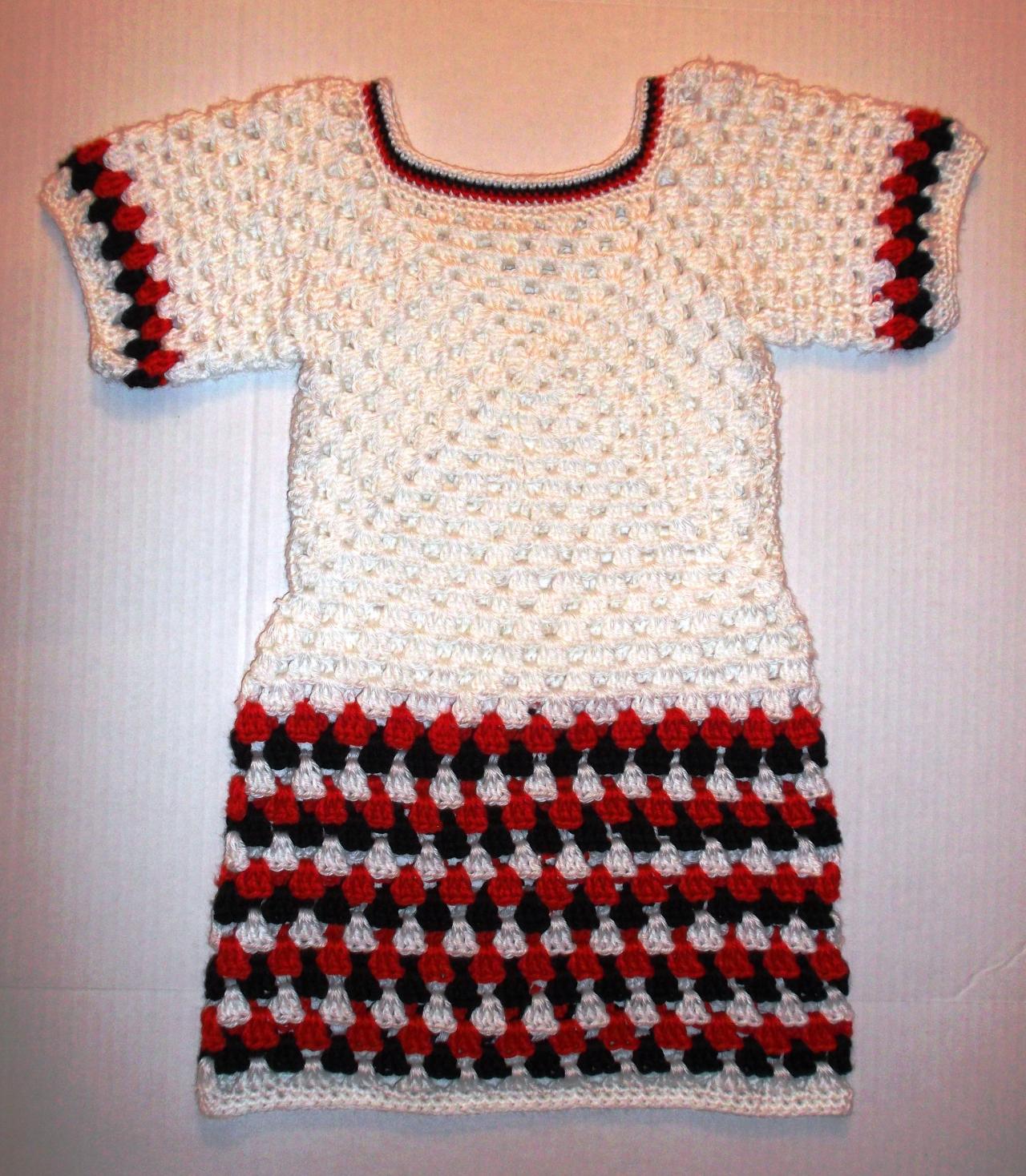 White Red & Black Crochet Girls Dress & Hat